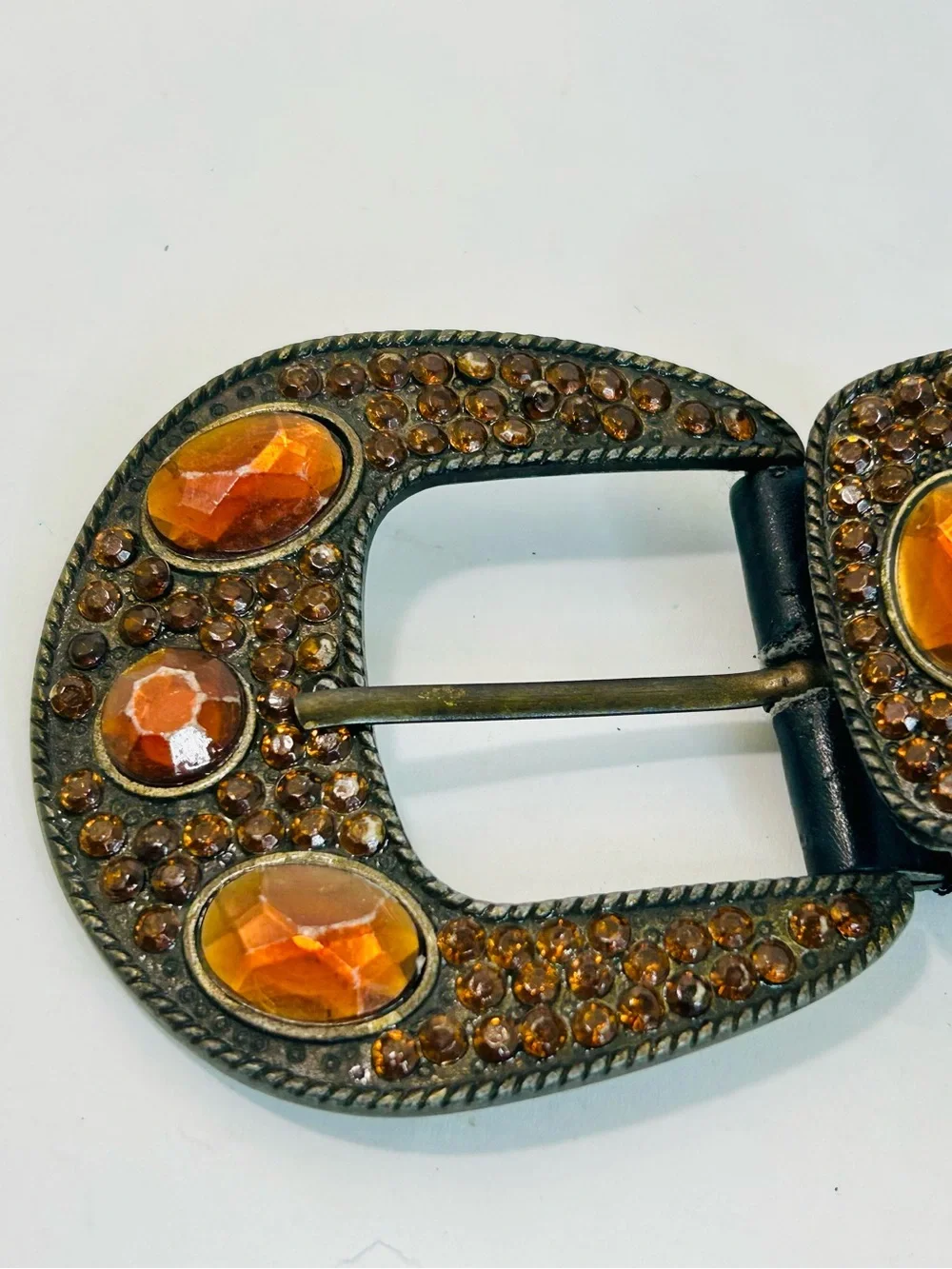 Western Rhinestone Whipstitch Belt with Orange Stones and Black Faux Leather